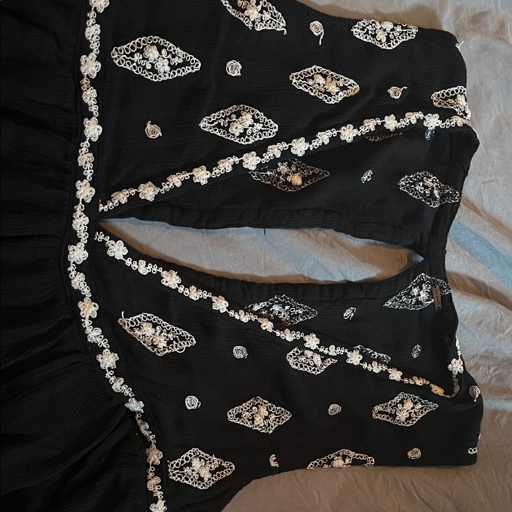 Free people Black Sleeveless Top with White Embroidery